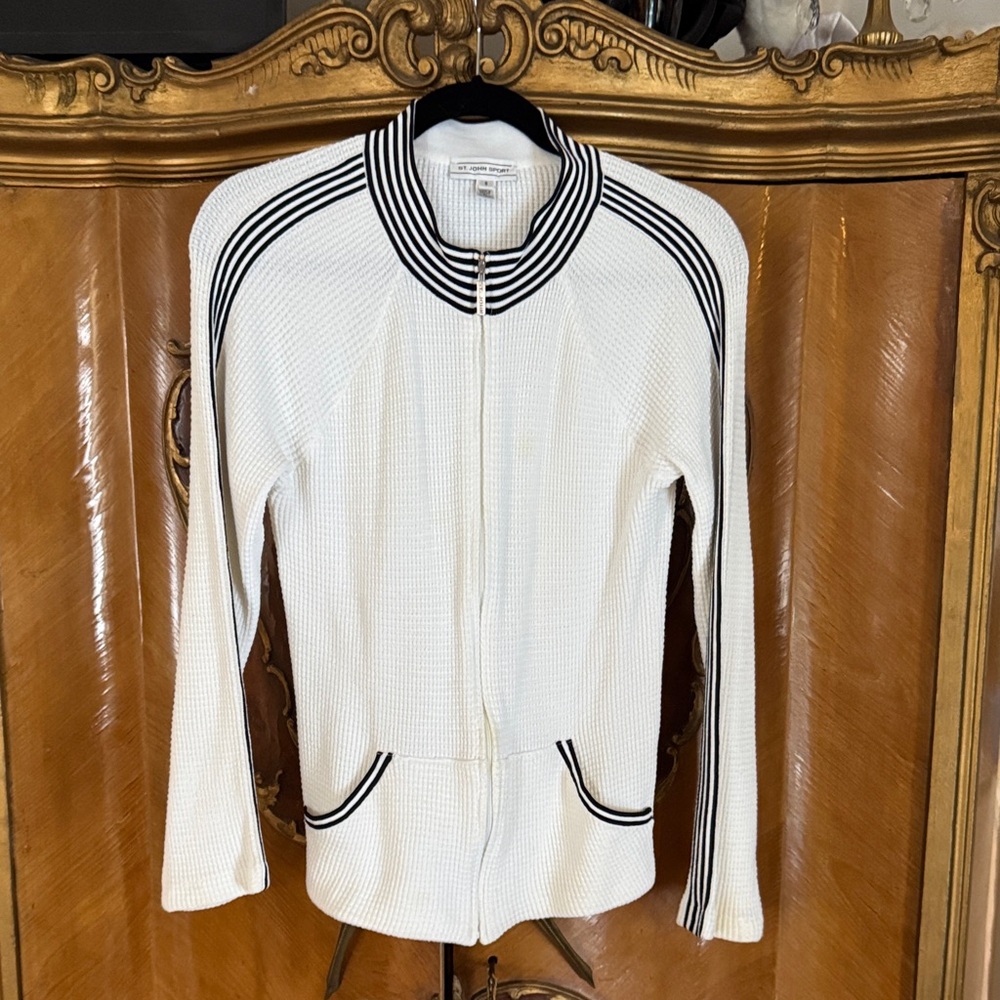 St. John Sport White Sport Zip Jacket w/ Black & White Striped Border